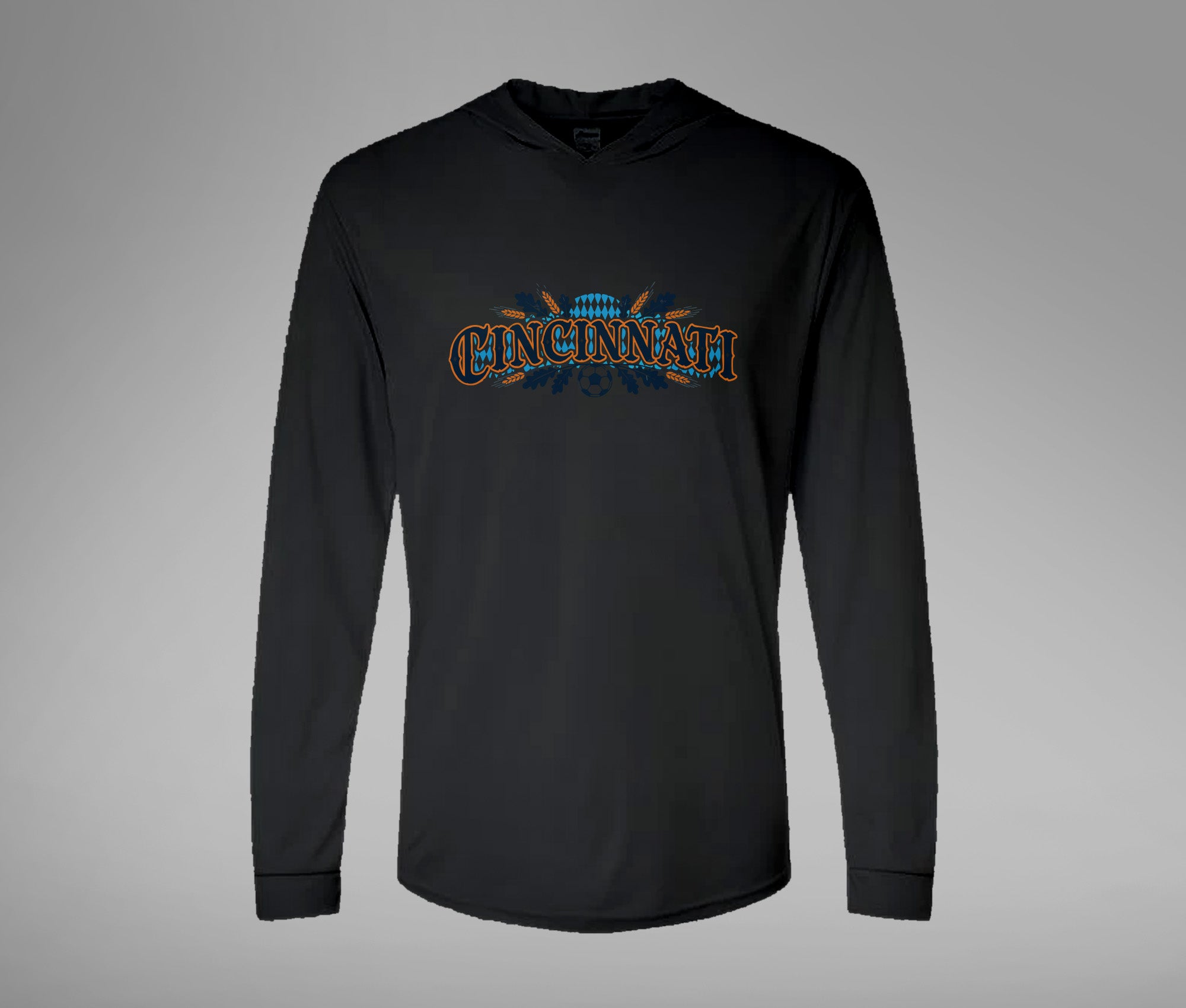 Orange and Blue Cincy Hooded Performance Long Sleeve Tee