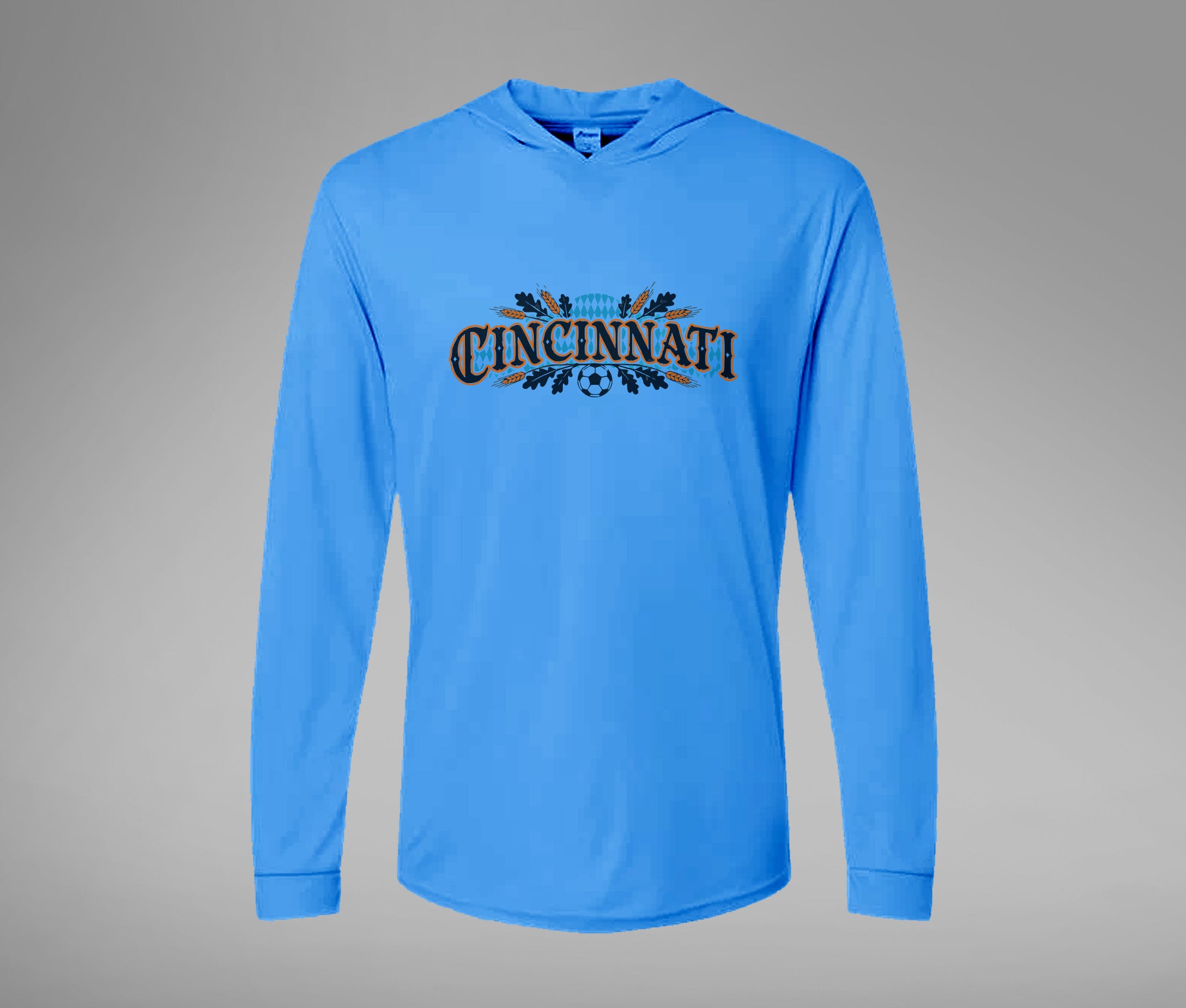 Orange and Blue Cincy Hooded Performance Long Sleeve Tee