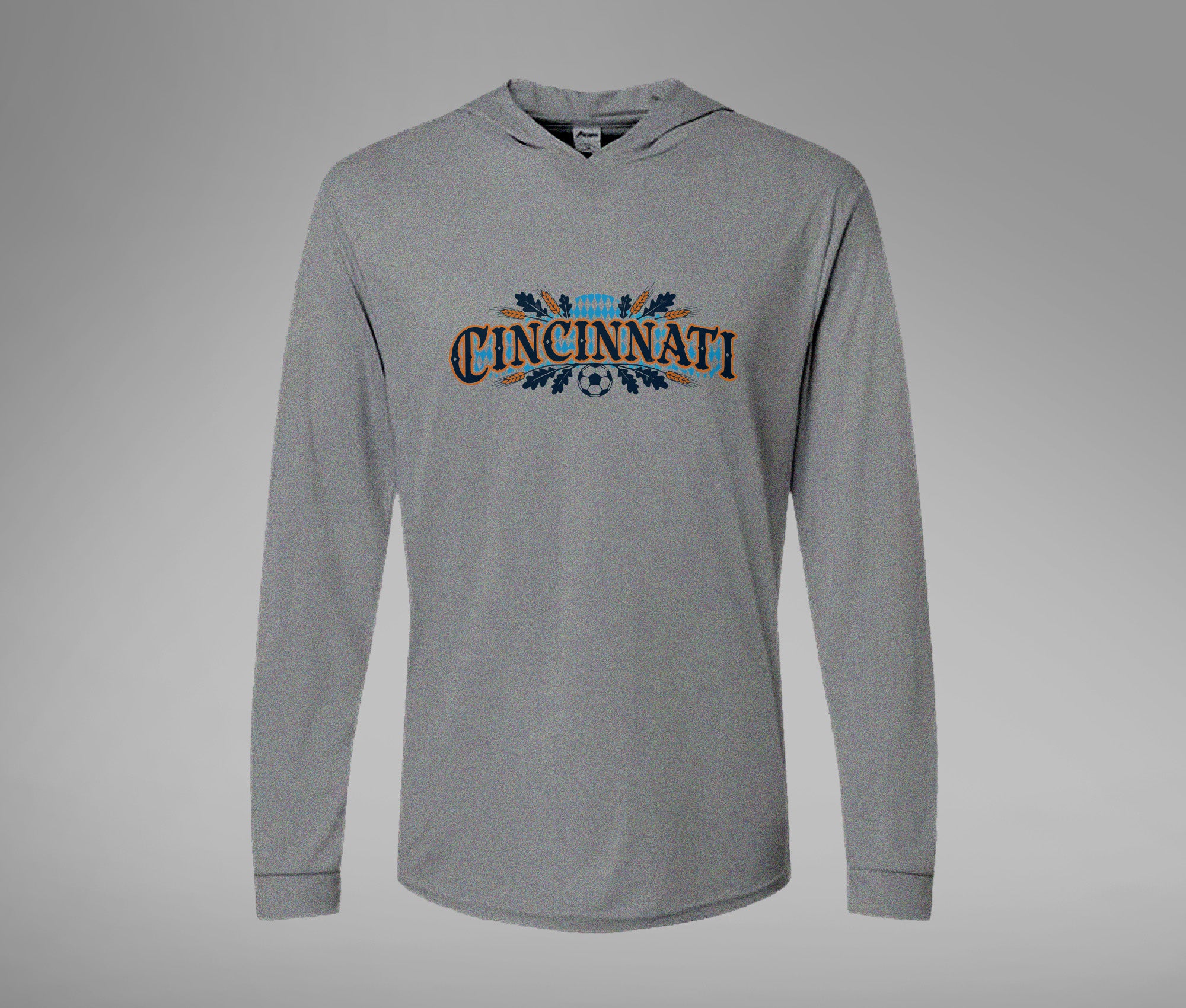 Orange and Blue Cincy Hooded Performance Long Sleeve Tee
