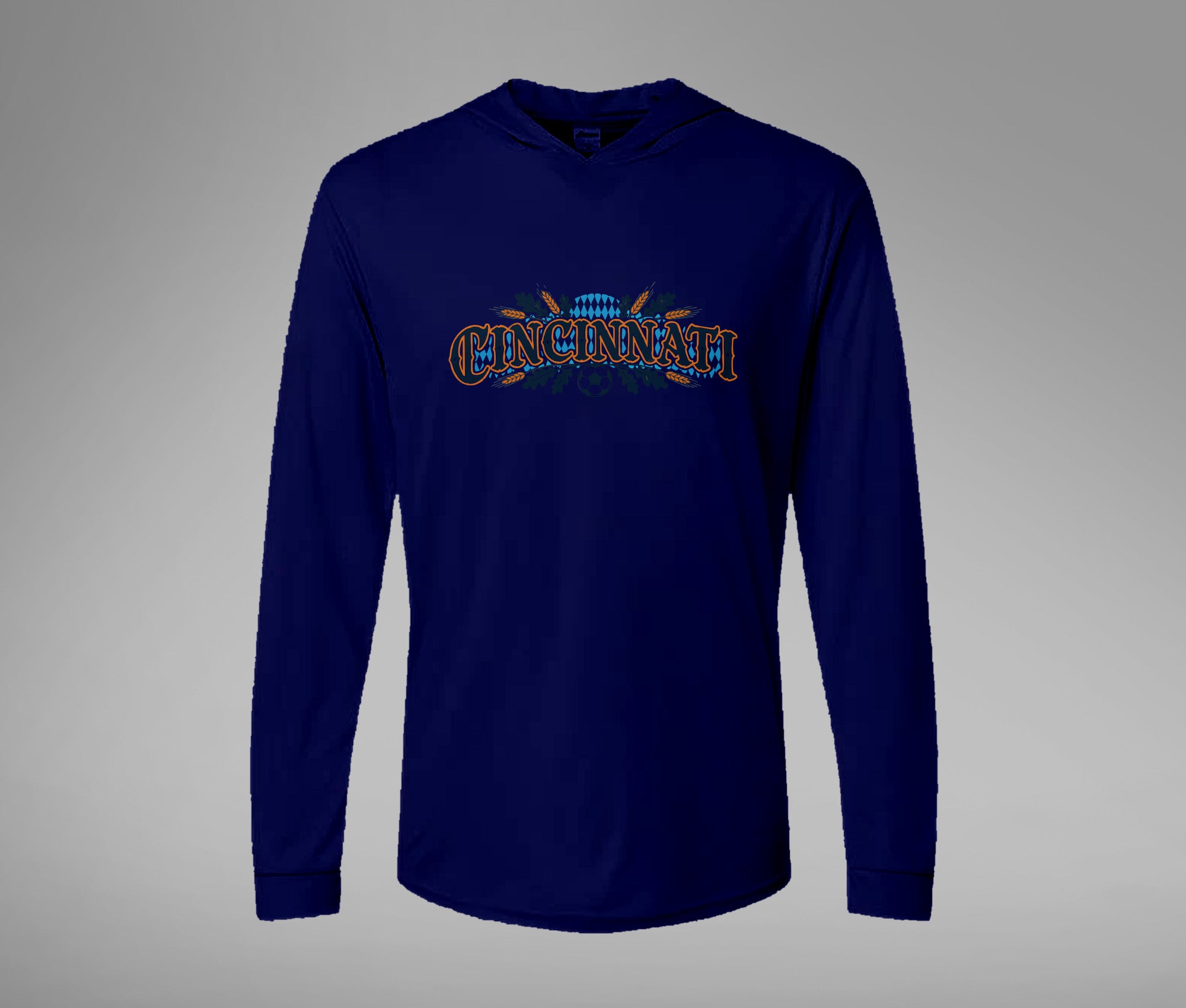 Orange and Blue Cincy Hooded Performance Long Sleeve Tee