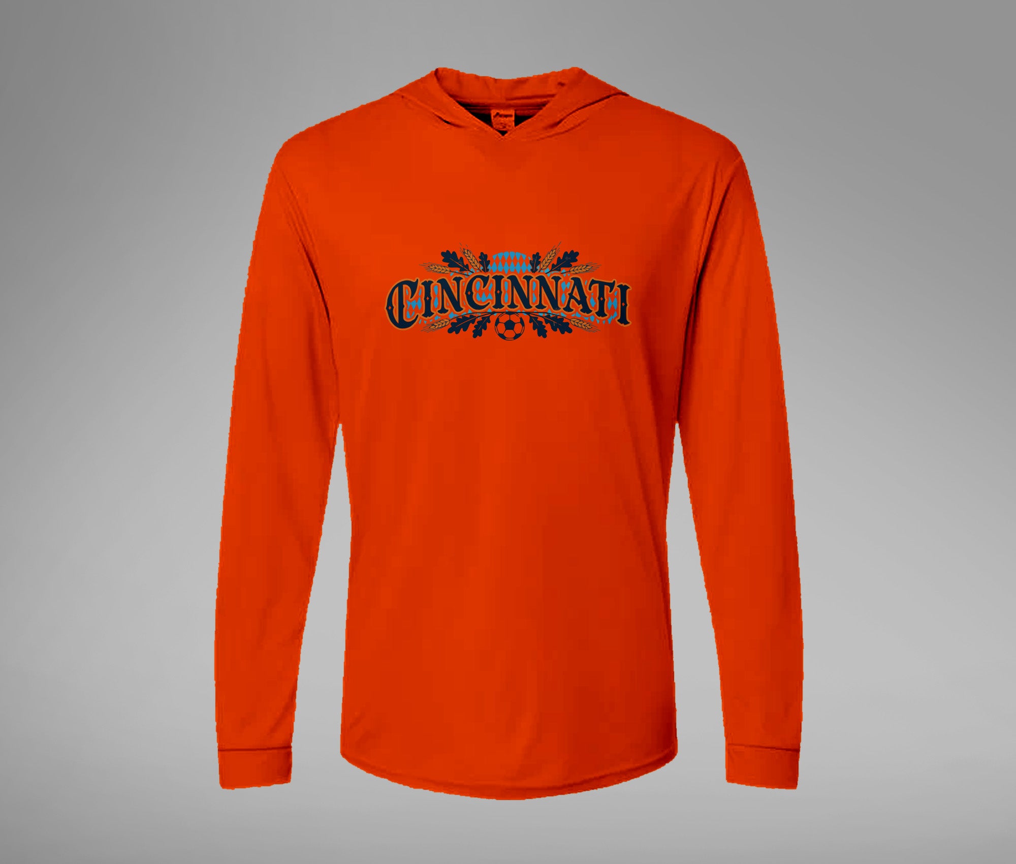 Orange and Blue Cincy Hooded Performance Long Sleeve Tee