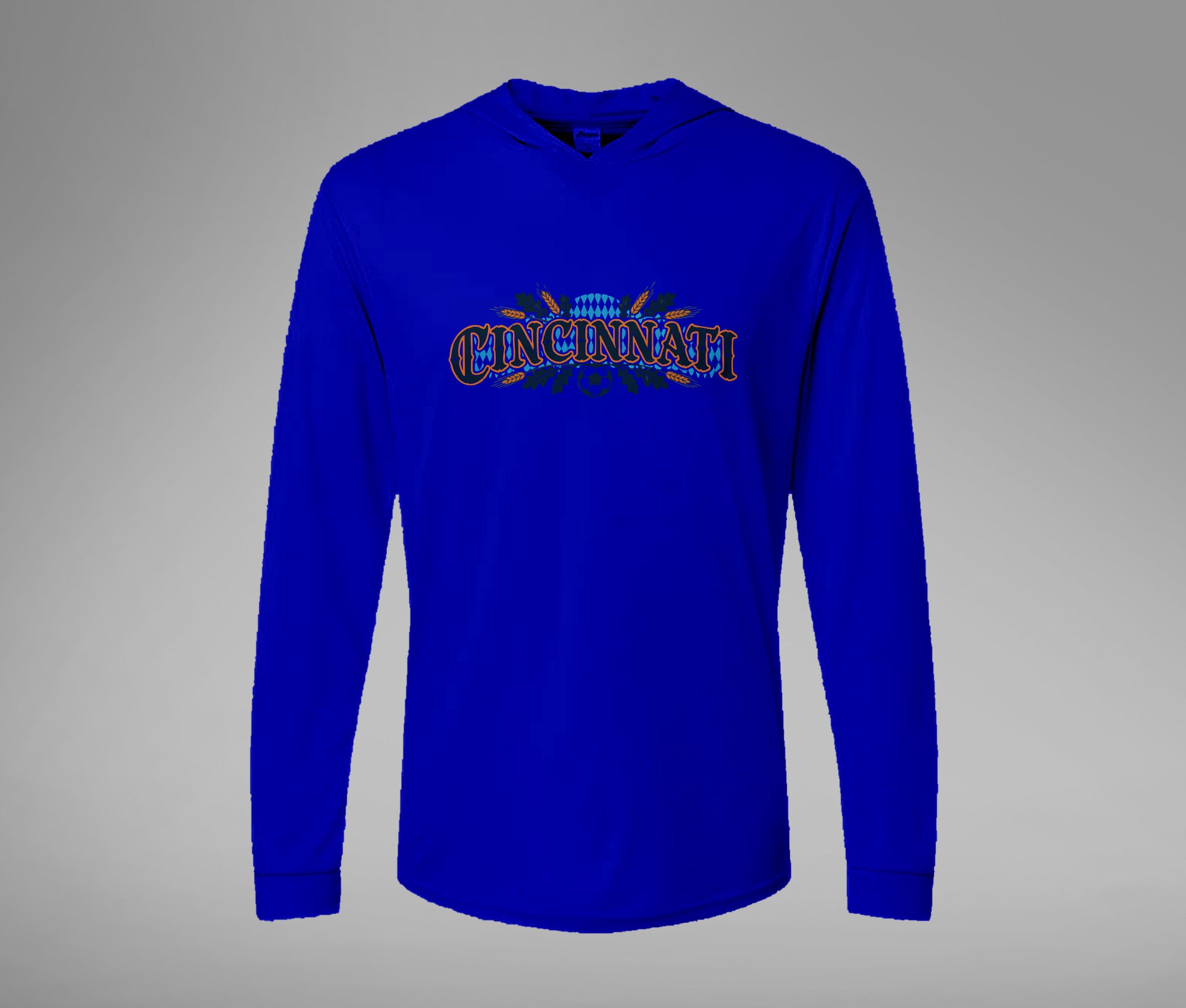 Orange and Blue Cincy Hooded Performance Long Sleeve Tee