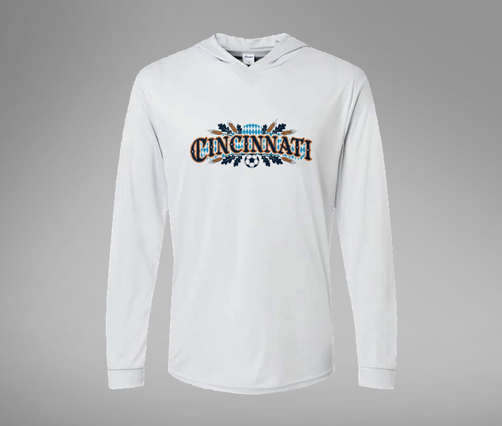 Orange and Blue Cincy Hooded Performance Long Sleeve Tee